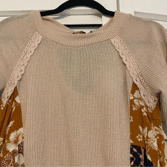 Blue Rain XS Thermal Mixed Material Boho Patchwork Tie Back Long Sleeve Top - Picture 3 of 8